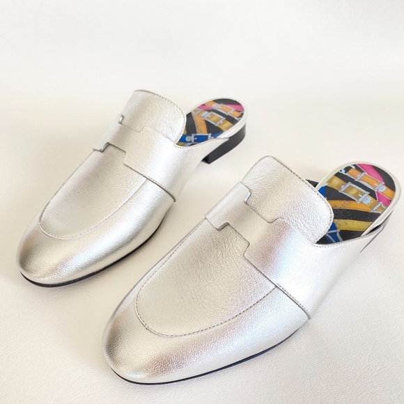 HERMES H CATENA SILVER LEATHER MULES FLIP FLOPS SHOES FLAT SLIDES 35.5 - Picture 14 of 16